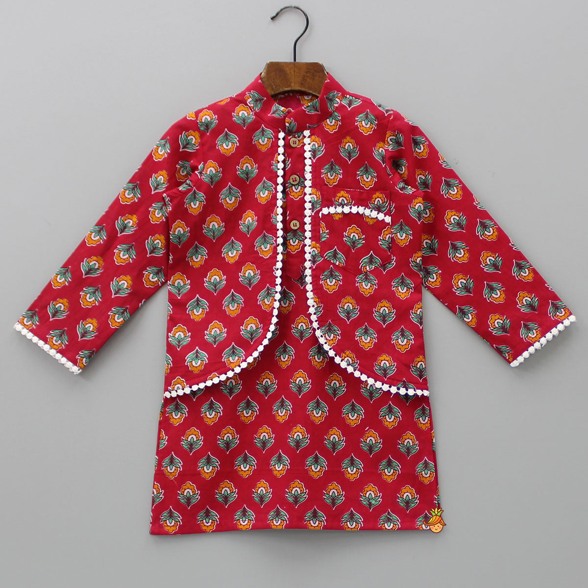 Jacket Style Red Printed Kurta And Pyjama