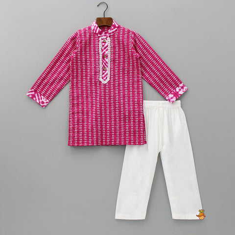 Pre Order: Lace Detail Front Placket Pink Printed Kurta And Pyjama