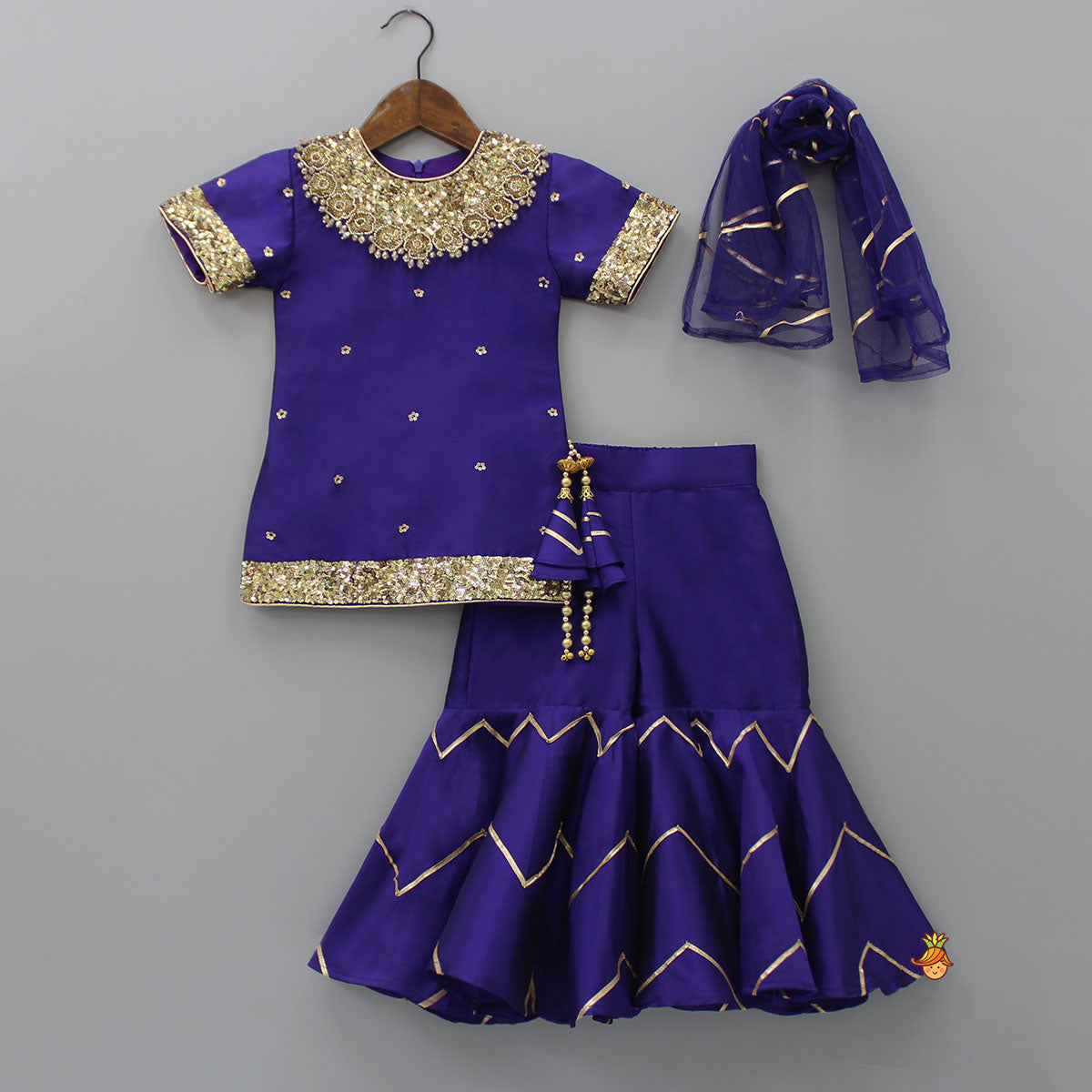 Pre Order: Embroidered Purple Kurti And Sharara With Net Dupatta