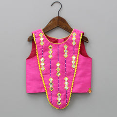 Pre Order: Faux Mirror Work Pink Top And Stylish Hem Pant With Gota Lace Detail Multicolour Cape