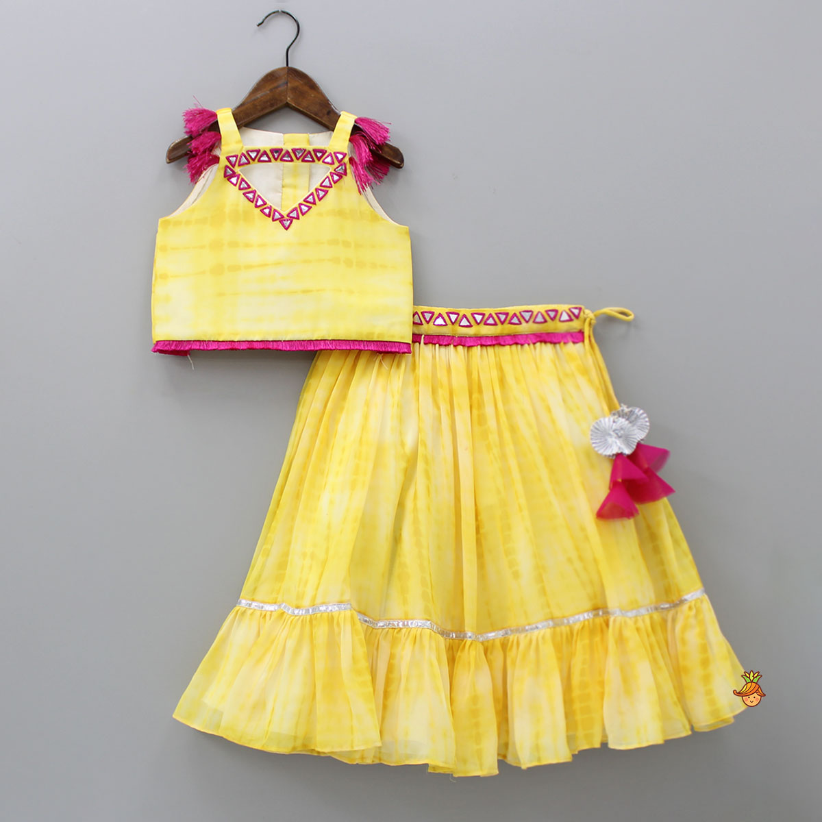 Pre Order: Shibori Printed Yellow Sleeveless Top And Lehenga