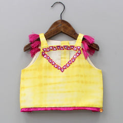 Pre Order: Shibori Printed Yellow Sleeveless Top And Lehenga