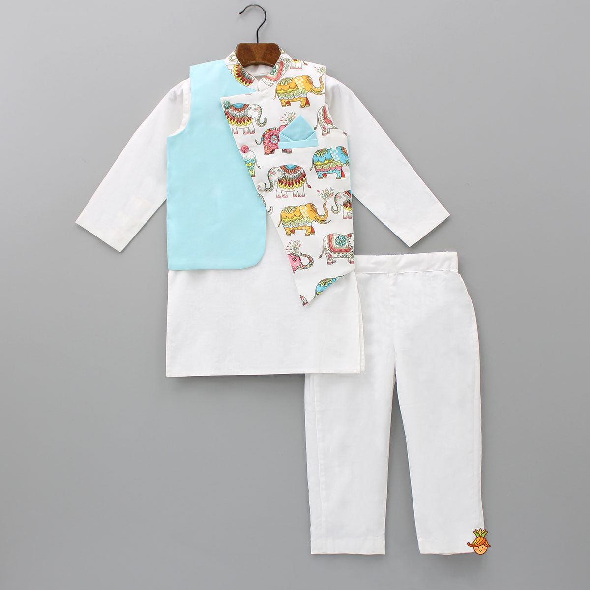 Pre Order: White Kurta With Asymmetric Printed Dual Tone Jacket And Pyjama