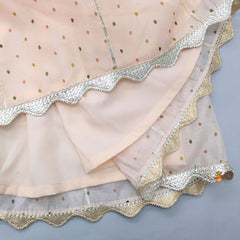 Pre Order: Pleated Sleeves Peach Top And Polka Dots Printed Lehenga With Net Dupatta