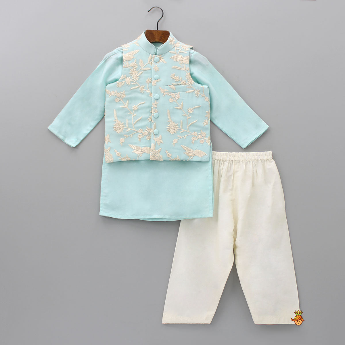 Pre Order: Blue Kurta With Pocket Detail Embroidered Jacket And Pyjama