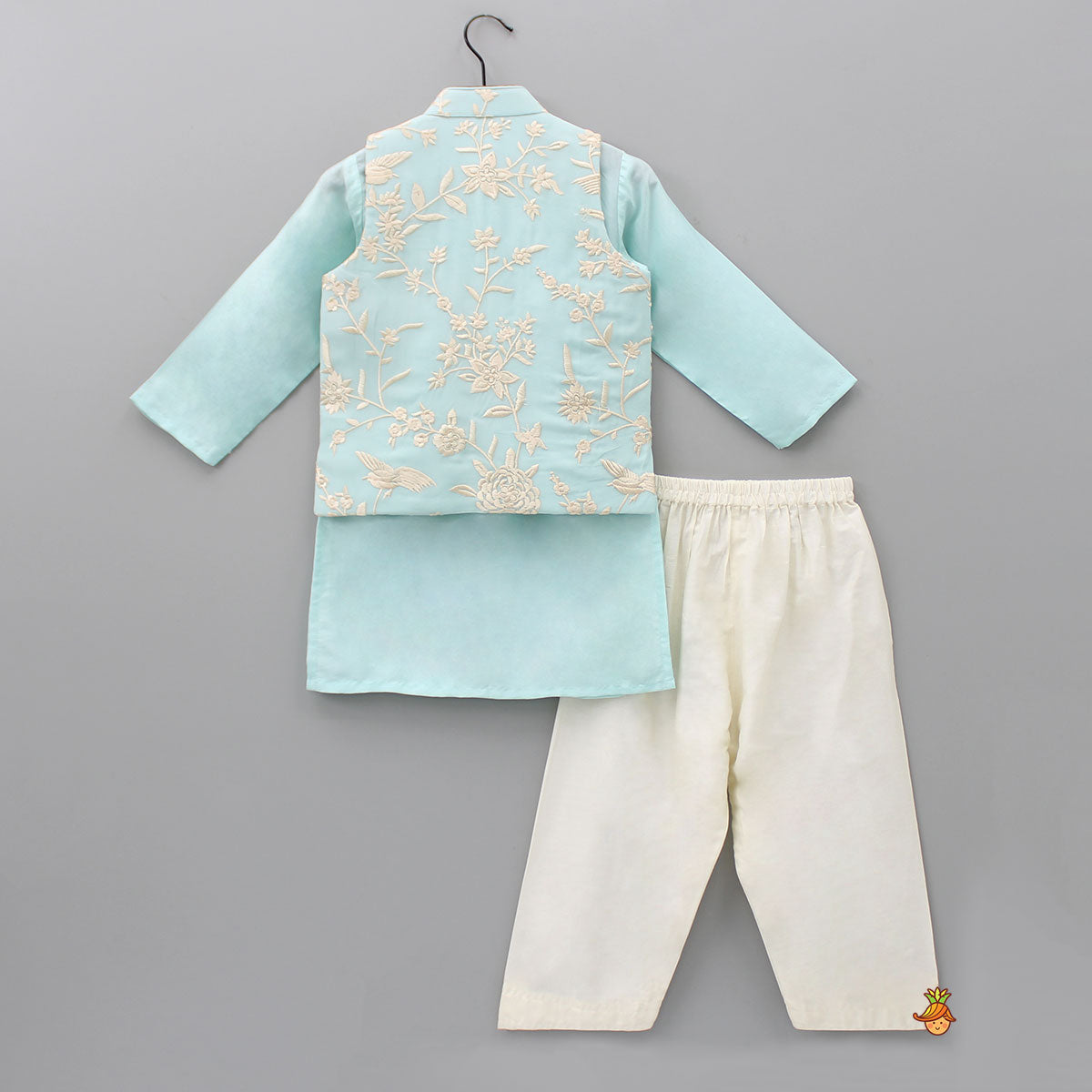 Blue Kurta With Pocket Detail Embroidered Jacket And Pyjama