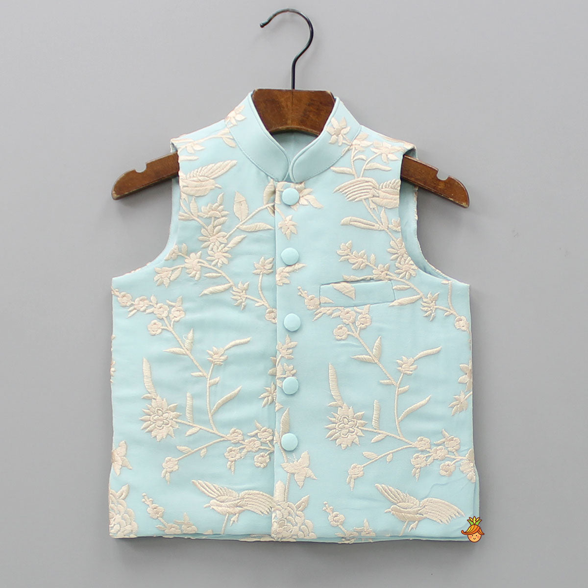 Blue Kurta With Pocket Detail Embroidered Jacket And Pyjama