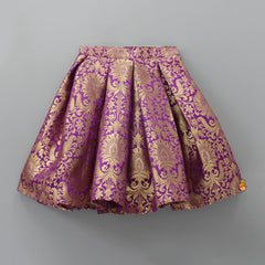 Pre Order: Stylish Cut Out Back Purple Top And Box Pleated Brocade Lehenga