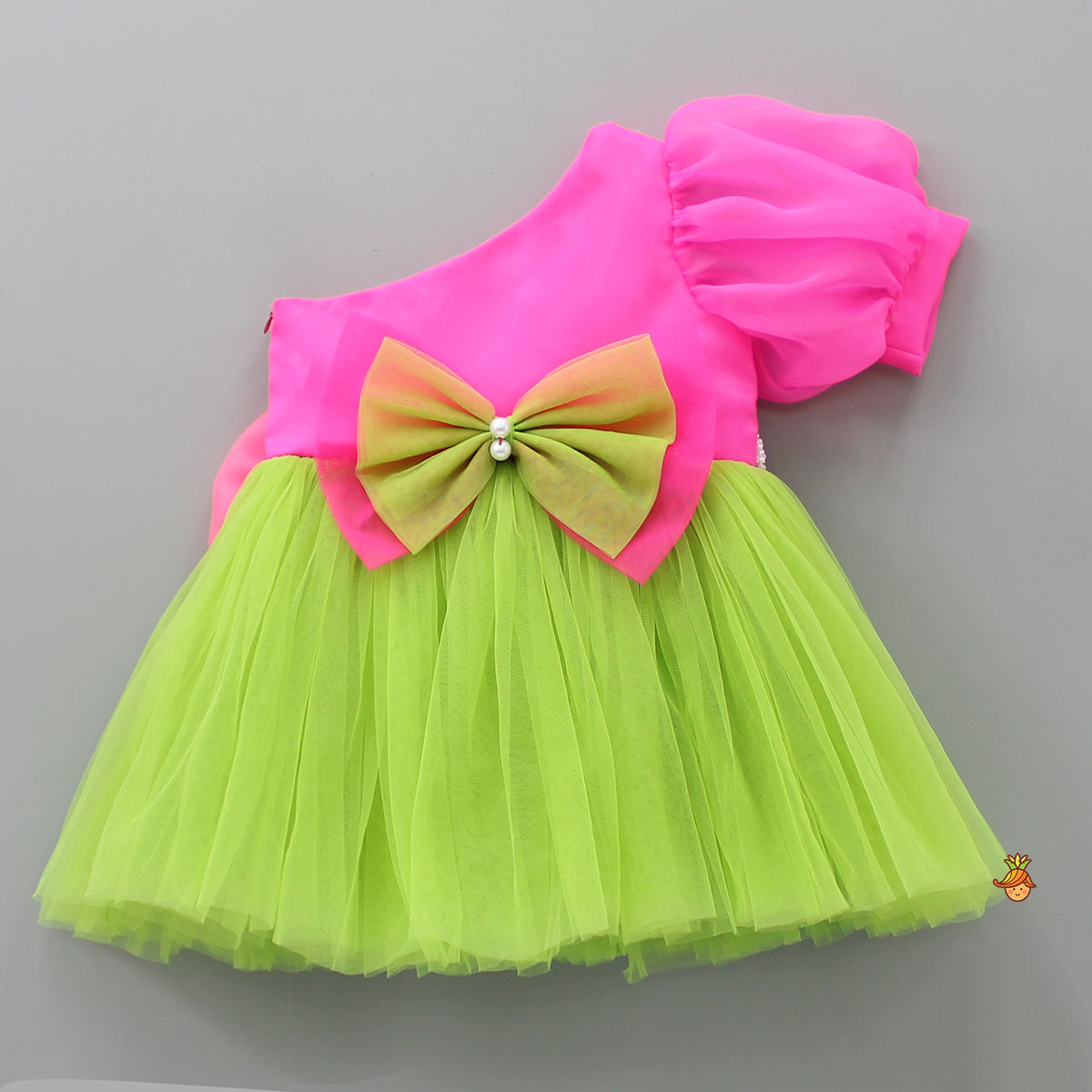 One Shoulder Swirled Flower Enhanced Flared Pink And Green Dress