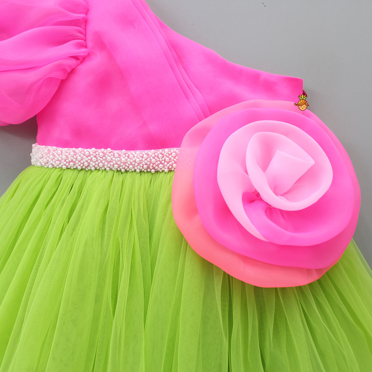 One Shoulder Swirled Flower Enhanced Flared Pink And Green Dress