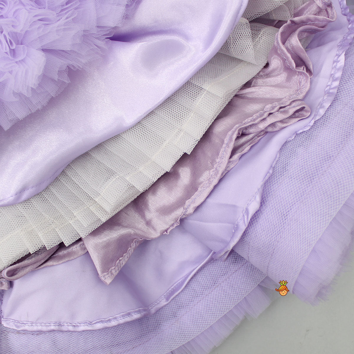 Embroidered Yoke Ruffle Hem Lavender Dress With Detachable Trail And Matching Head Band