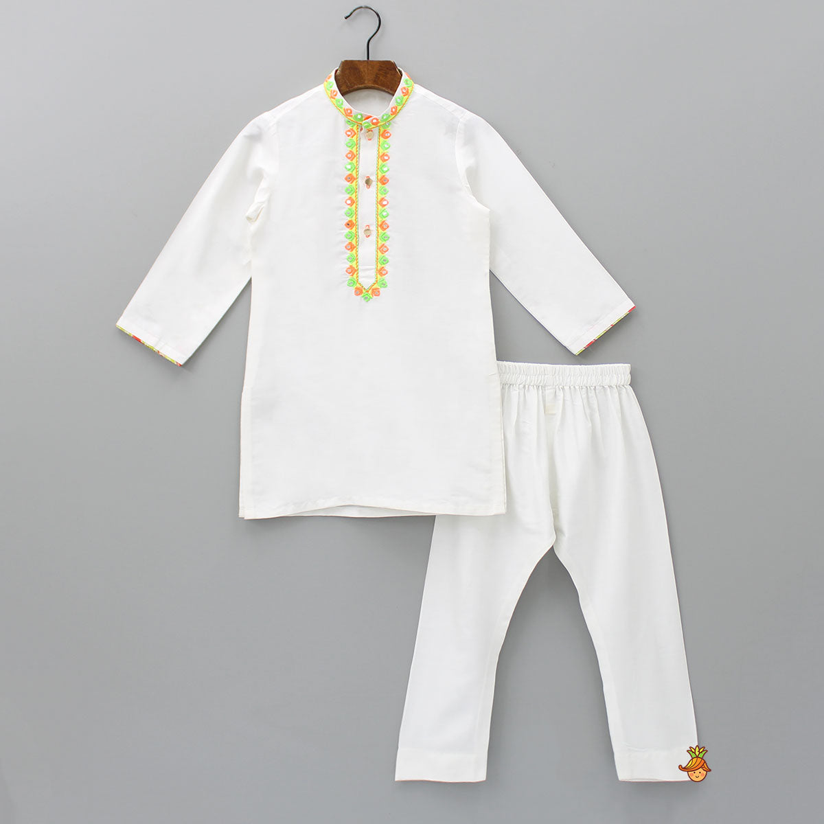 Pre Order: Faux Mirror Detailed Collar And Front Placket Off White Kurta With Pyjama