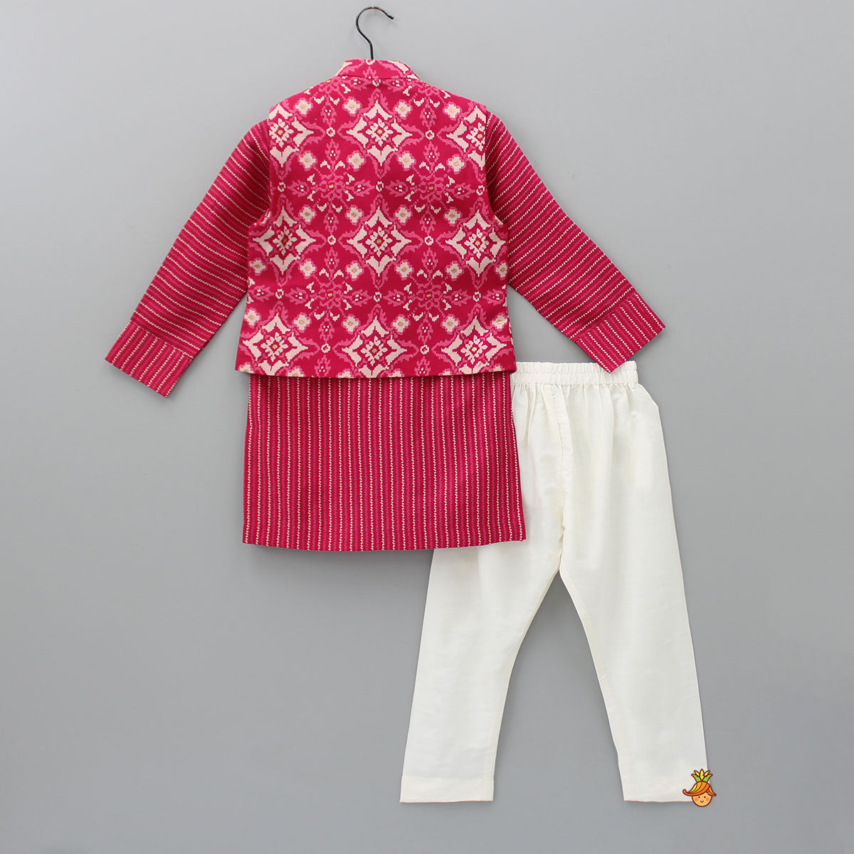 Printed Pink Kurta With Side Buttons Detail Jacket And Pyjama