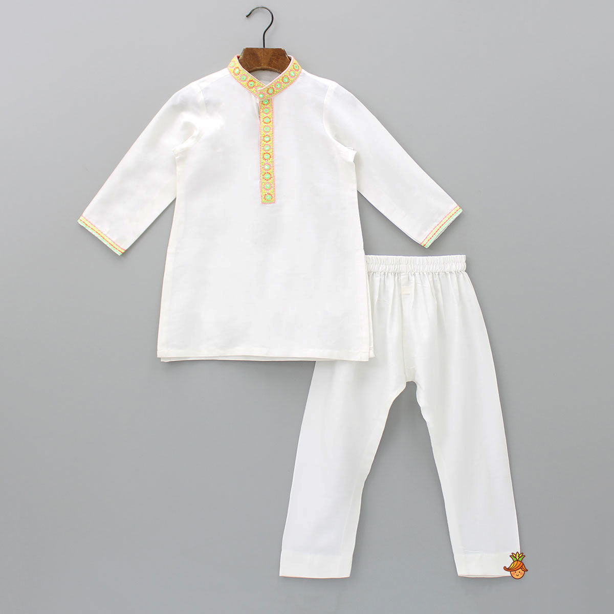 Pre Order: Abhla Work Collar And Front Placket Off White Spun Kurta With Pyjama