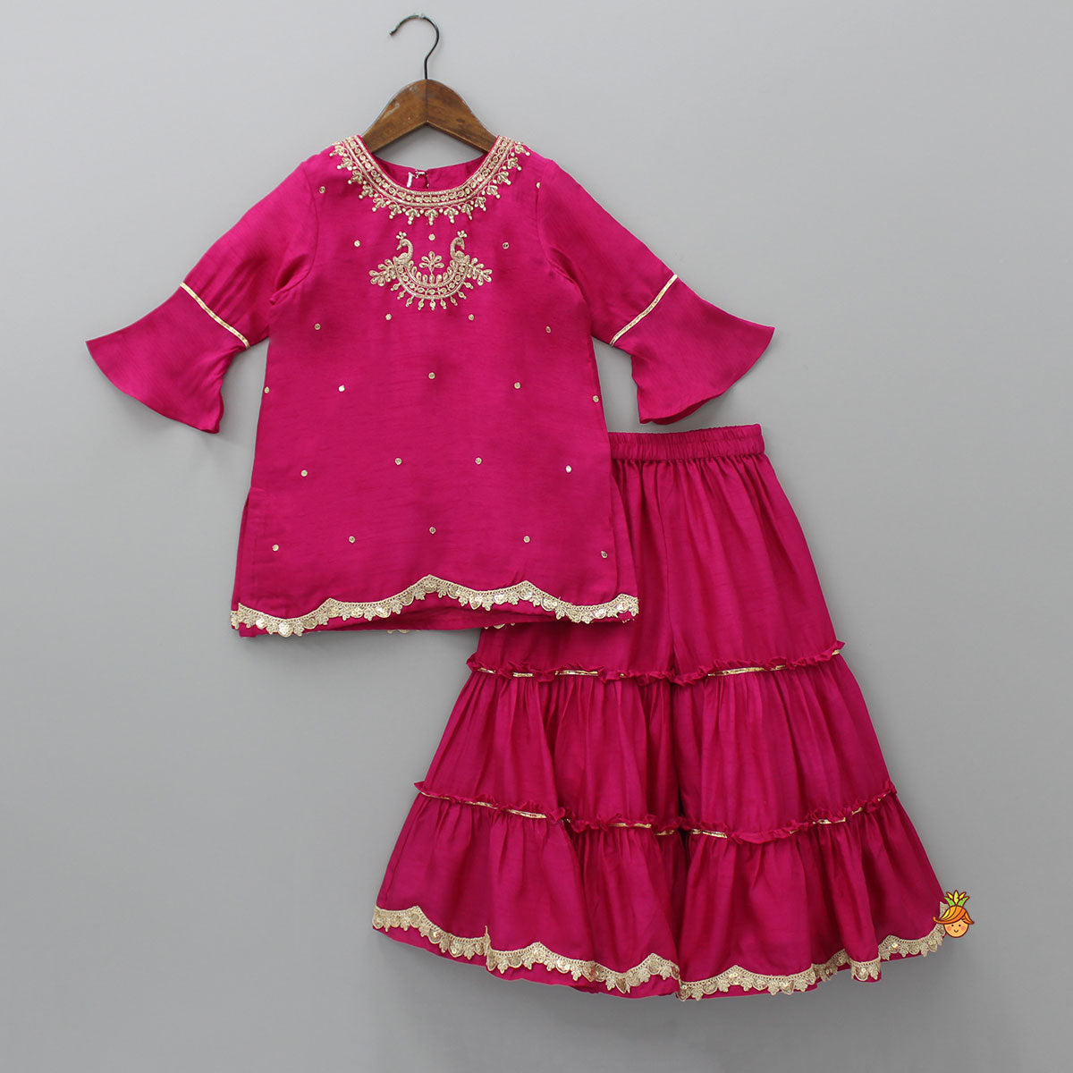 Pre Order: Zardozi Embroidered Pink Kurti And Tiered Sharara