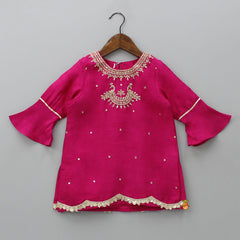 Pre Order: Zardozi Embroidered Pink Kurti And Tiered Sharara