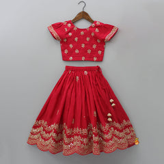 Pre Order: Round Neck Red Top And Lehenga with Scalloped Organza Dupatta