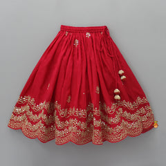 Pre Order: Round Neck Red Top And Lehenga with Scalloped Organza Dupatta