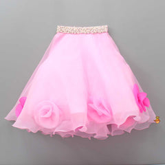 Organza One Shoulder Pink Top And Flower Adorned Flared Lehenga