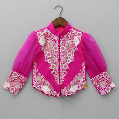 Pre Order: Front Open Embroidered Pink Top And Palazzo