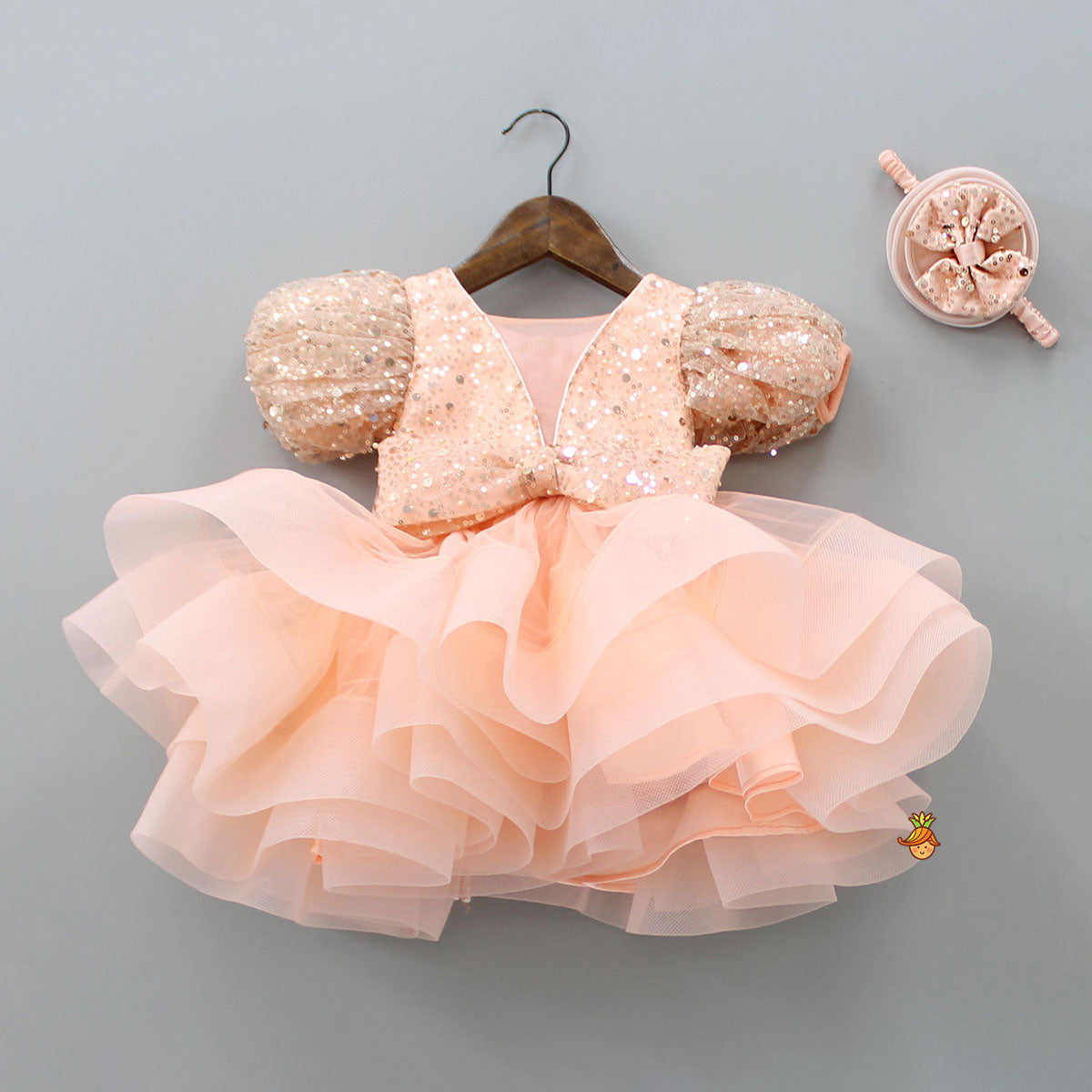 Pre Order: Sequined Peach Puff Sleeves Ruffle Dress With Bowie Head Band