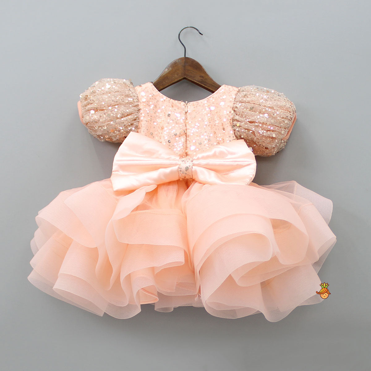 Sequined Peach Puff Sleeves Ruffle Dress With Bowie Head Band