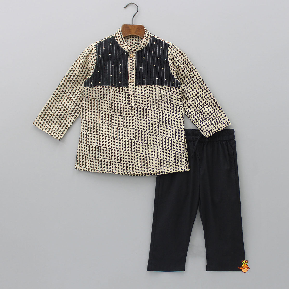 Pre Order: Contrasting Pin Tuck Detail Yoke Kurta And Black Pyjama