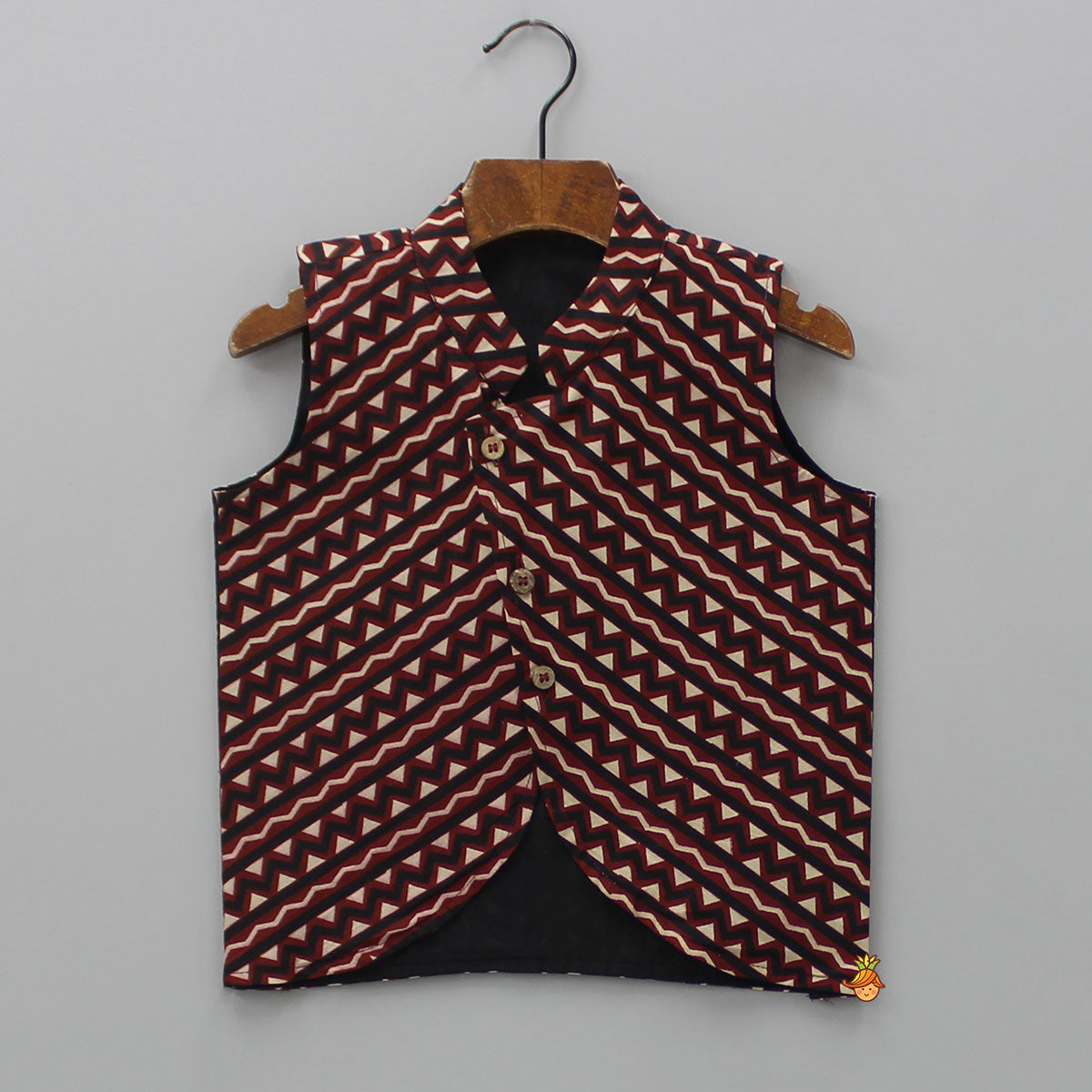 Pre Order: Pockets Detail Brown Kurta With Stylish Hem Printed Jacket And Pyjama