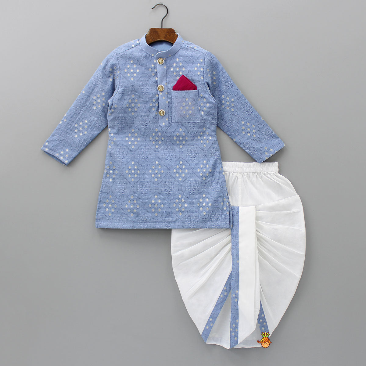 Pre Order: Contrasting Pocket Square Blue Kurta And Dhoti