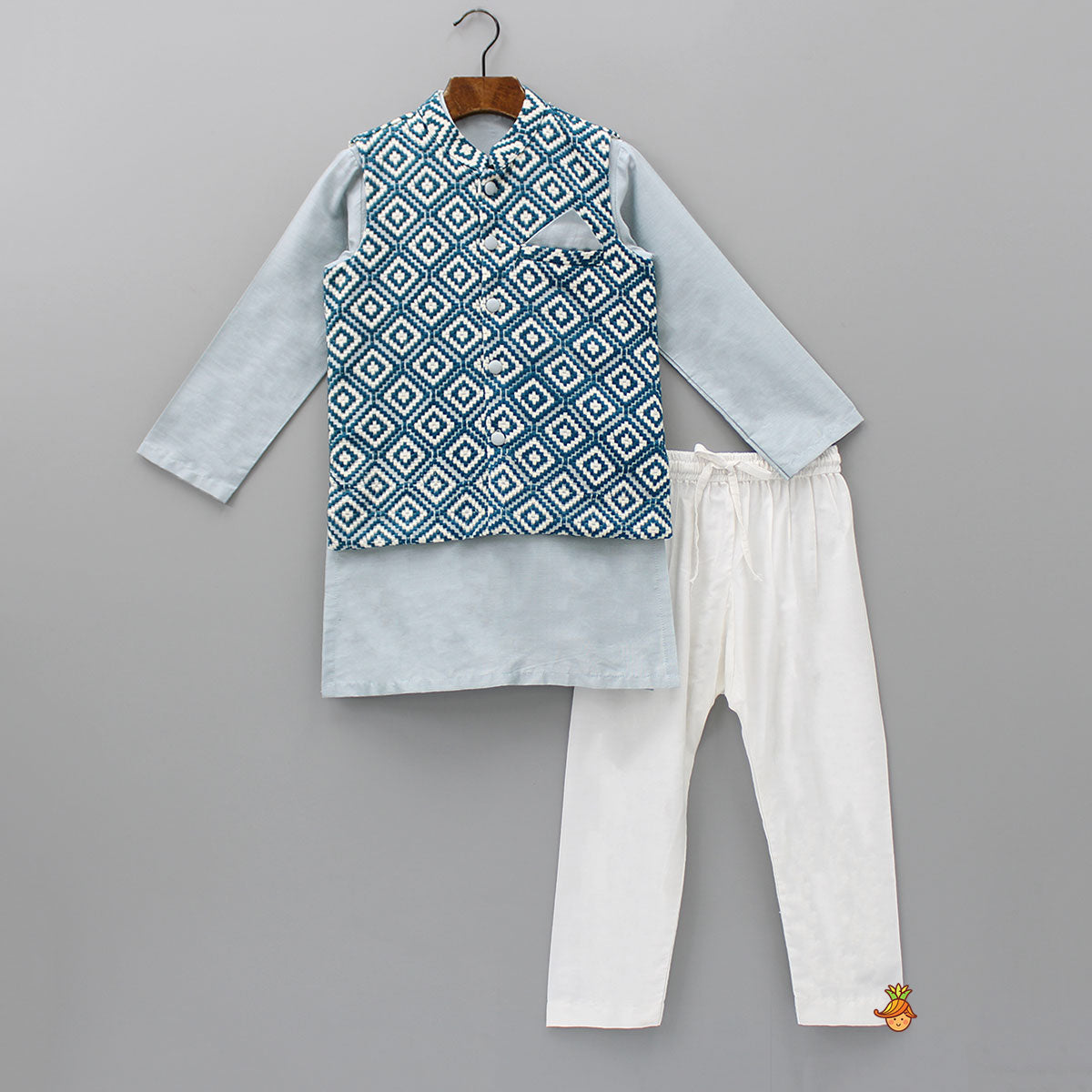 Mandarin Collar Blue Kurta With Thread Detailed Jacket And Pyjama