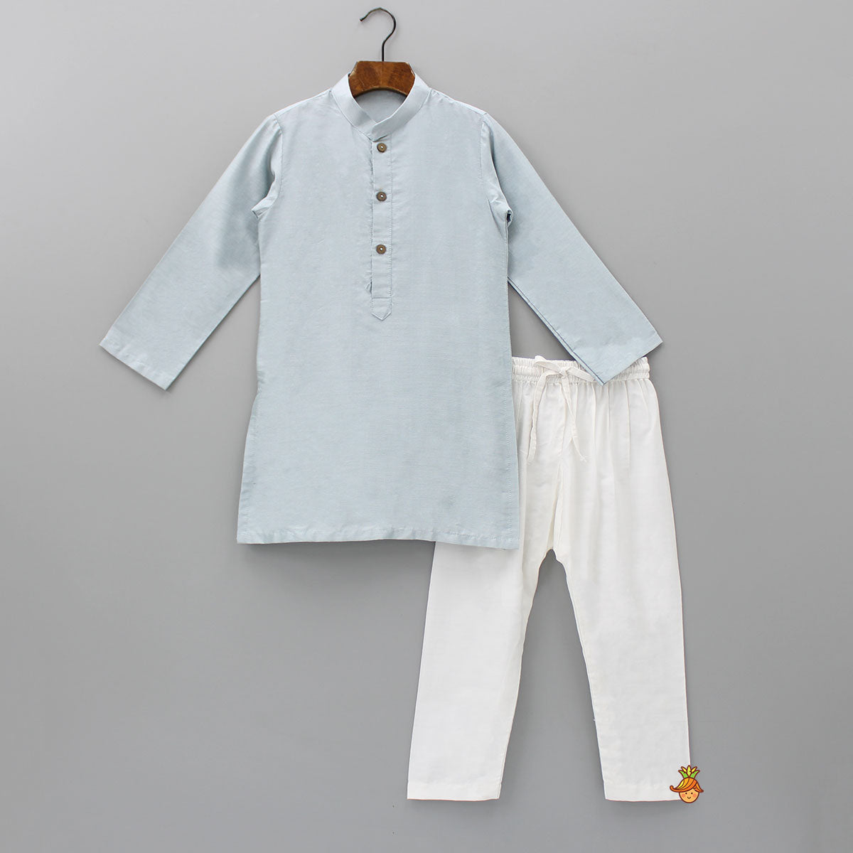 Mandarin Collar Blue Kurta With Thread Detailed Jacket And Pyjama