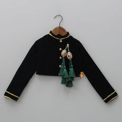 Hanging Tassels Enhanced Black Velvet Top And Green Lehenga Style Skirt