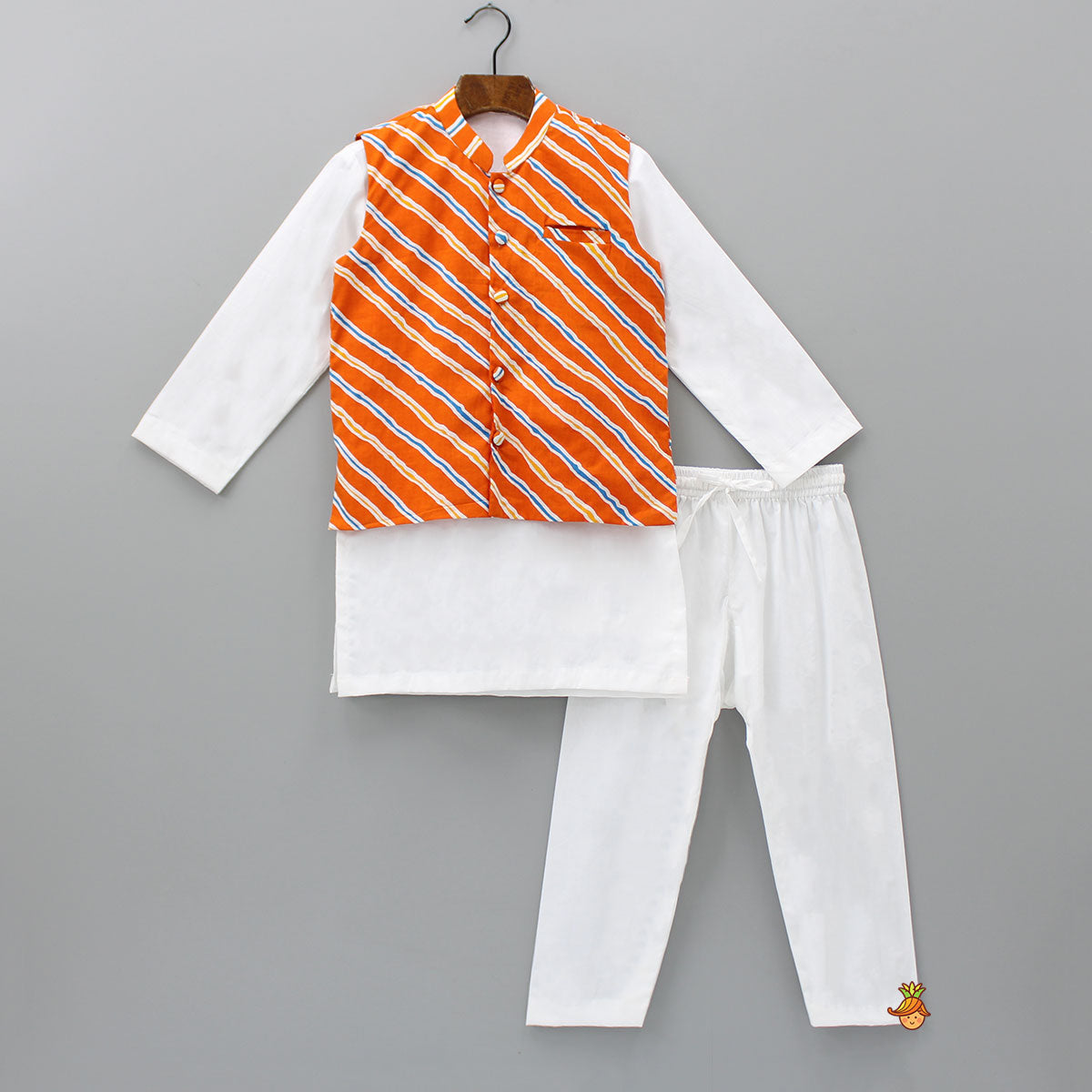 Pre Order: Mandarin Collar Kurta With Leheriya Printed Orange Jacket And Pyjama