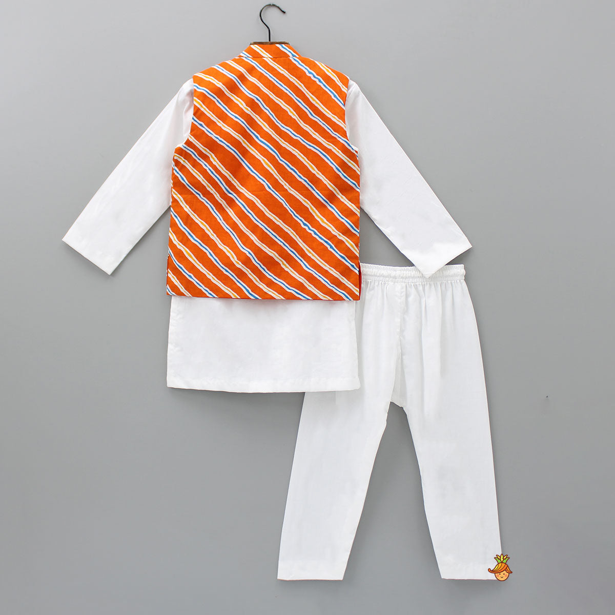 Mandarin Collar Kurta With Leheriya Printed Orange Jacket And Pyjama