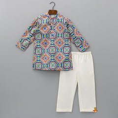 Pre Order: Multicolour Mandarin Collar Printed Kurta With Jacket And Pyjama