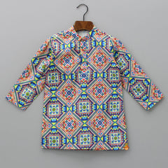 Pre Order: Multicolour Mandarin Collar Printed Kurta With Jacket And Pyjama