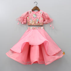 Pre Order: Knot Sleeves Pink Top And Stylish Layered Lehenga With Ruffle Dupatta