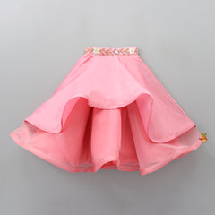 Pre Order: Knot Sleeves Pink Top And Stylish Layered Lehenga With Ruffle Dupatta
