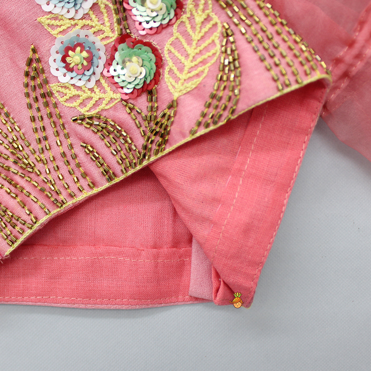 Knot Sleeves Pink Top And Stylish Layered Lehenga With Ruffle Dupatta