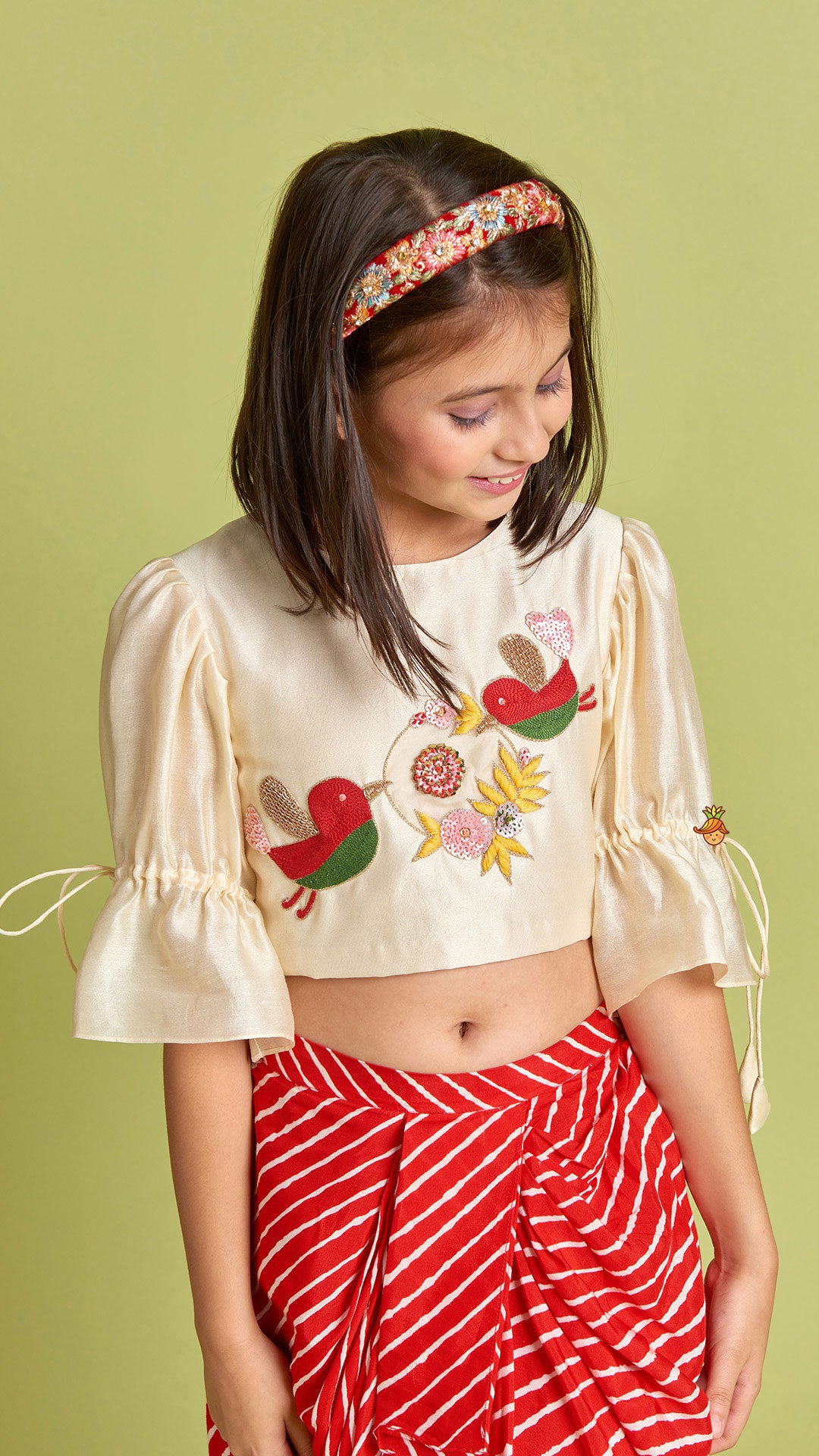 Bird Embroidered Top With Red Striped Dhoti Style Skirt