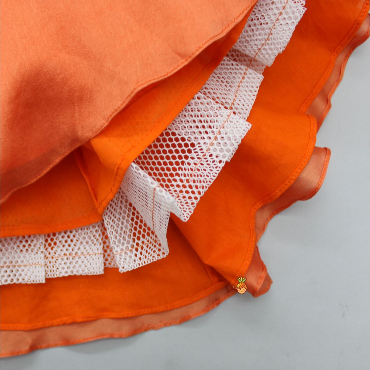 Organza Ruffle Sleeves Orange Flap Kurti With Attached Waist Belt