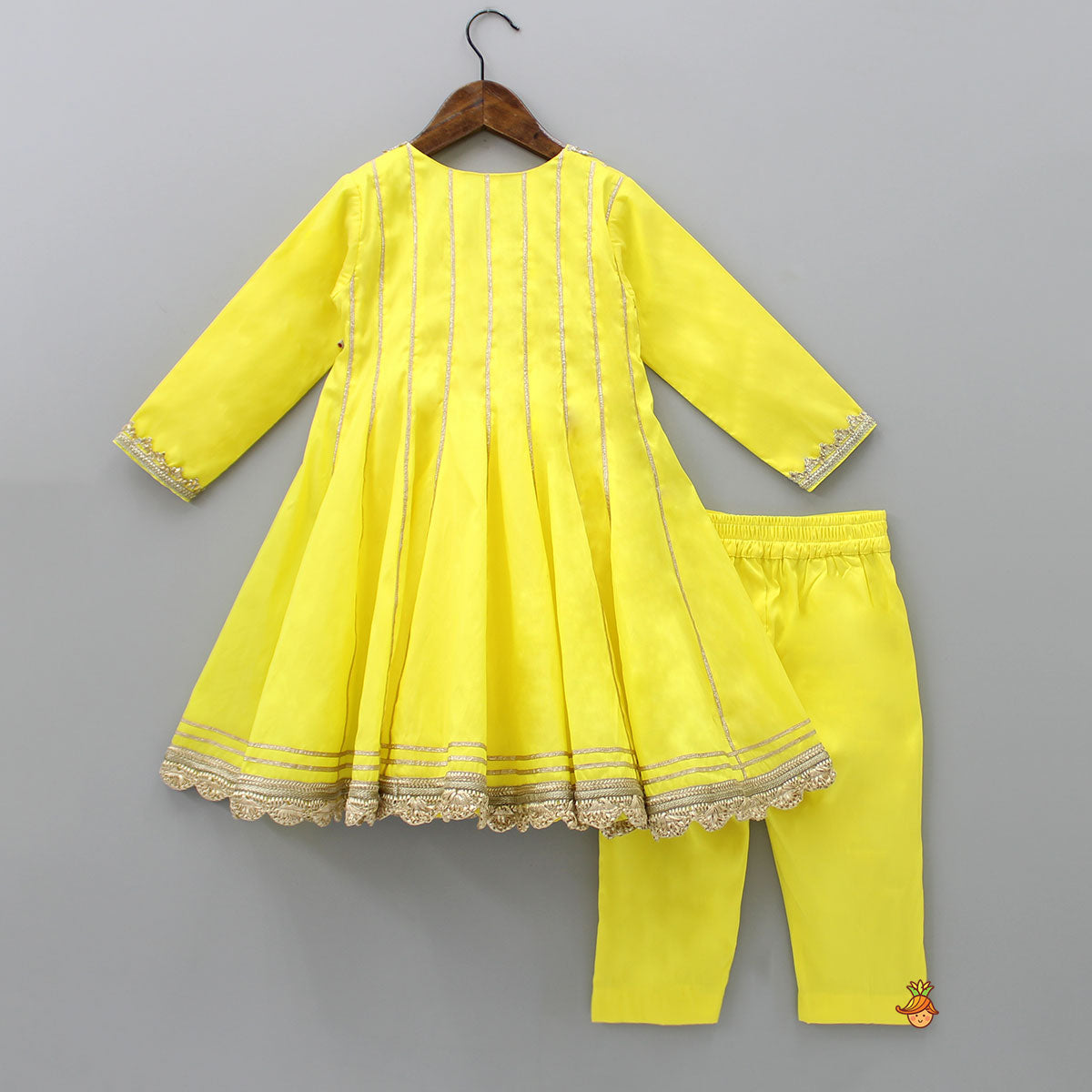 Gota Lace Detailed Angarkha Style Yellow Kurti And Pant
