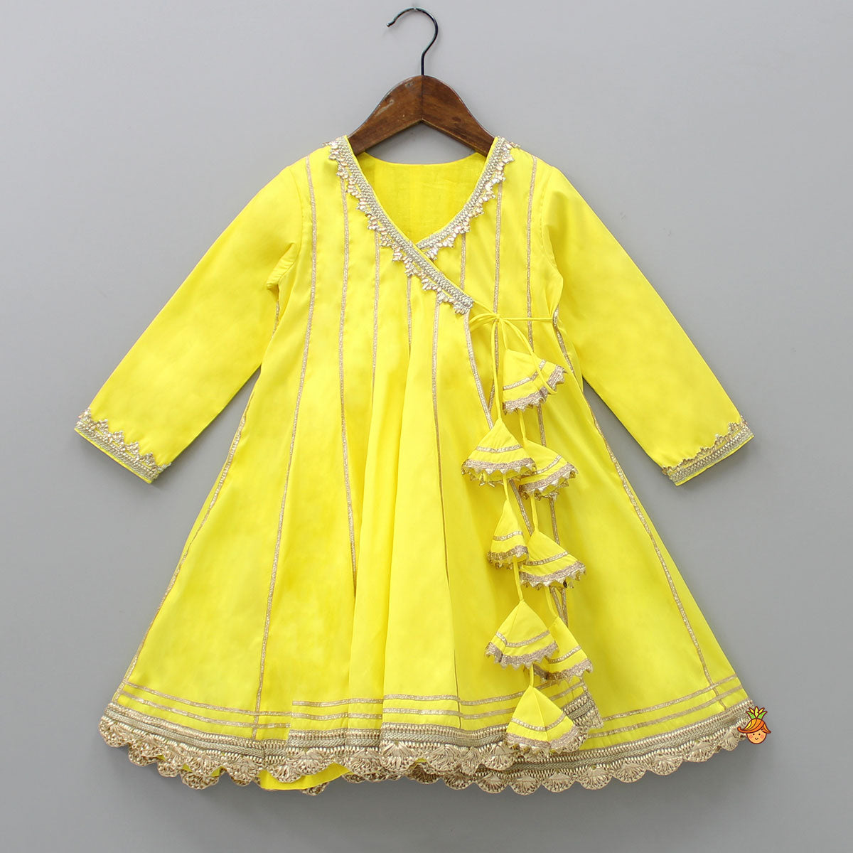 Gota Lace Detailed Angarkha Style Yellow Kurti And Pant