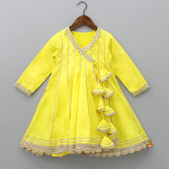 Pre Order: Gota Lace Detailed Angarkha Style Yellow Kurti And Pant