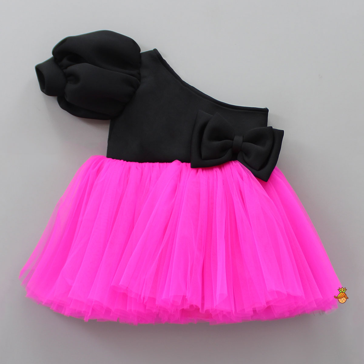 Pre Order: One Shoulder Bow Enhanced Pink And Black Net Dress