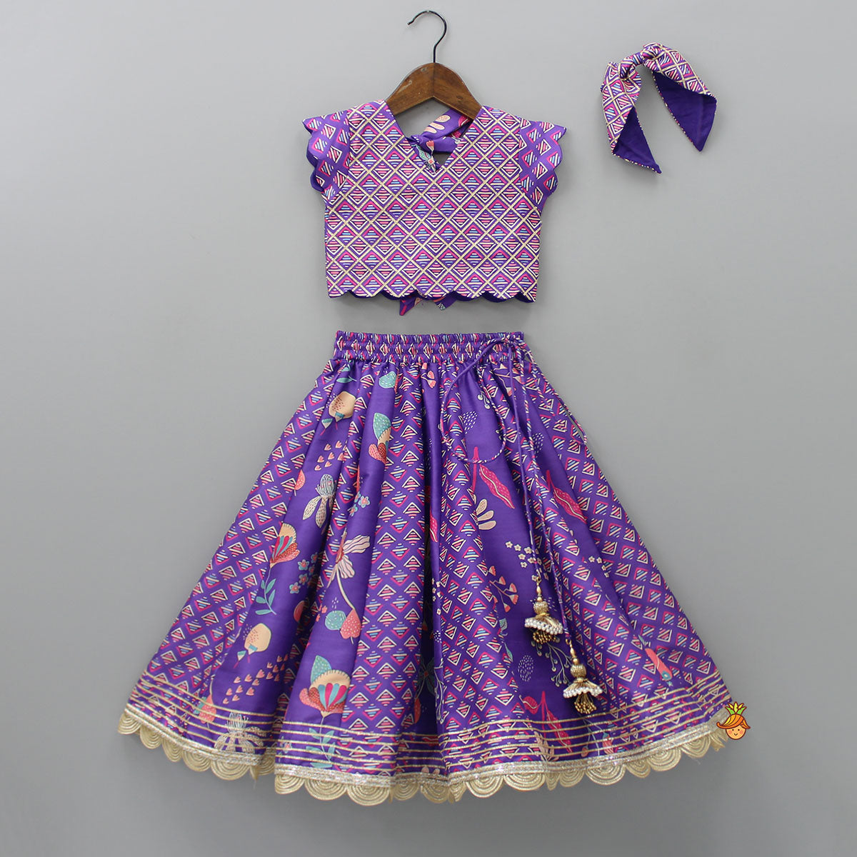 Pre Order: Scalloped Hem V Neck Purple Top And Lehenga With Matching Hair Band