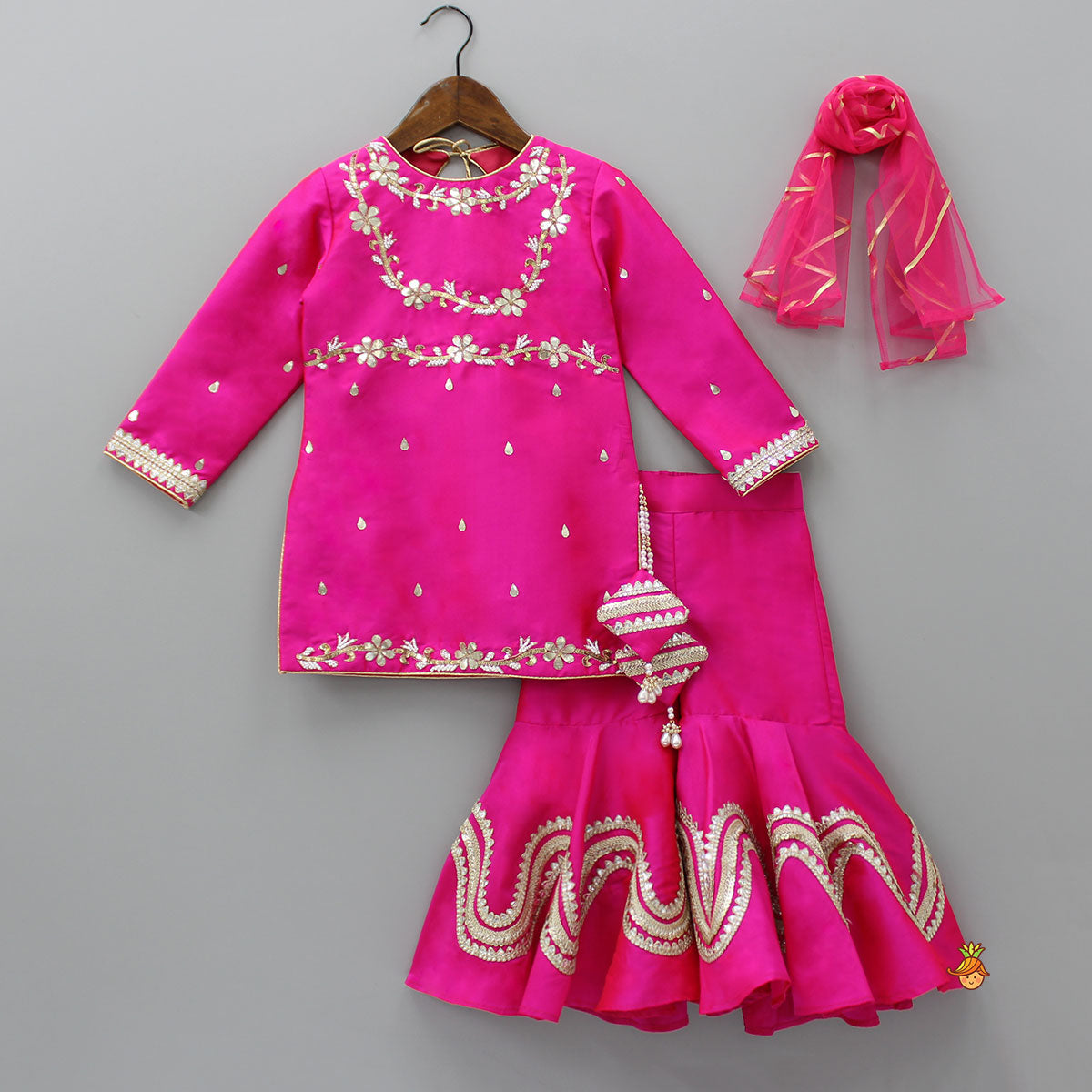 Pre Order: Gota Work Elegant Pink Kurti And Sharara With Net Dupatta