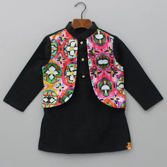 Abstract Printed Jacket Style Black Kurta And Pyjama