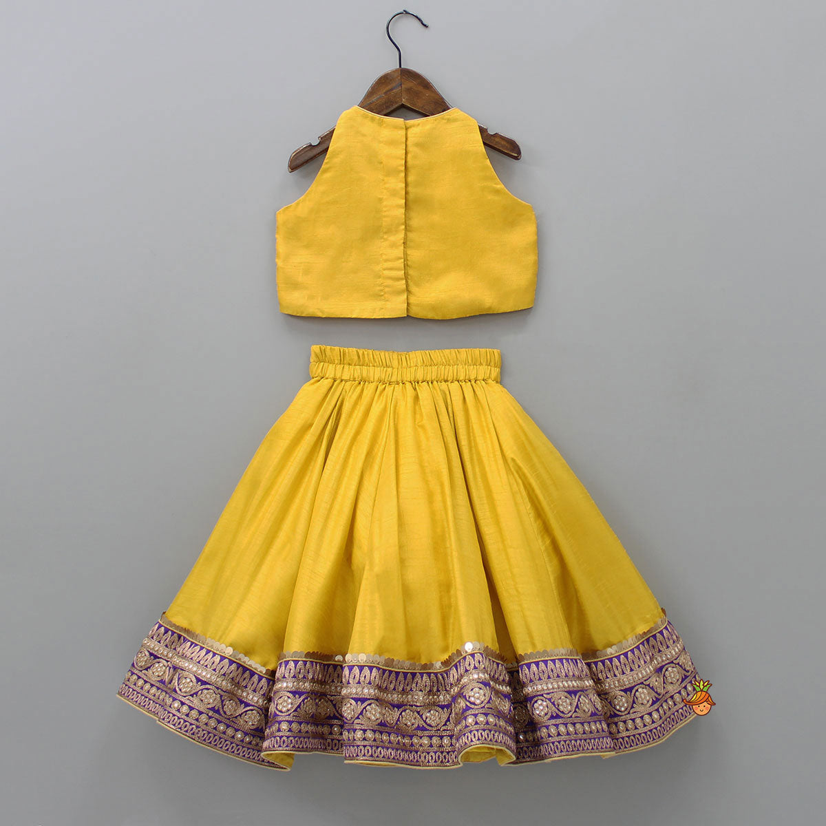 Embroidered Mustard Top And Lehenga With Fringed Net Dupatta