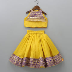 Pre Order: Embroidered Mustard Top And Lehenga With Fringed Net Dupatta
